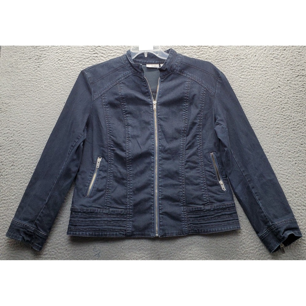 Chico's Platinum Moto Jacket Womens Large Blue Denim Zip Pockets Stretch Zip Up